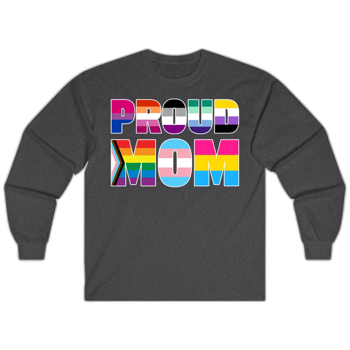 Colorful 'PROUD' letters filled with various pride flags including rainbow, trans, progress pride, and intersex symbols on gray background in Dark Heather