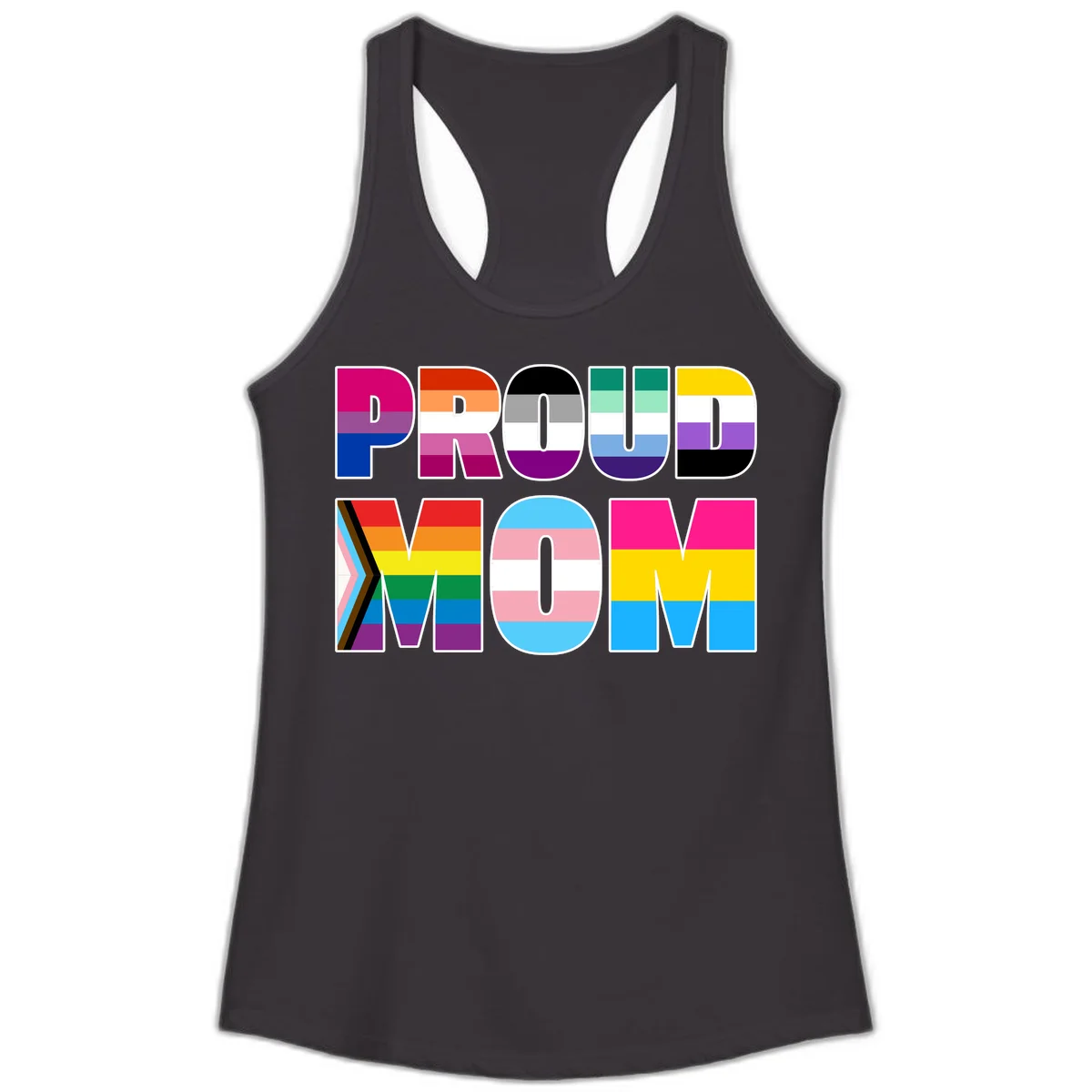 Colorful 'PROUD' letters filled with various pride flags including rainbow, trans, progress pride, and intersex symbols on gray background in Black