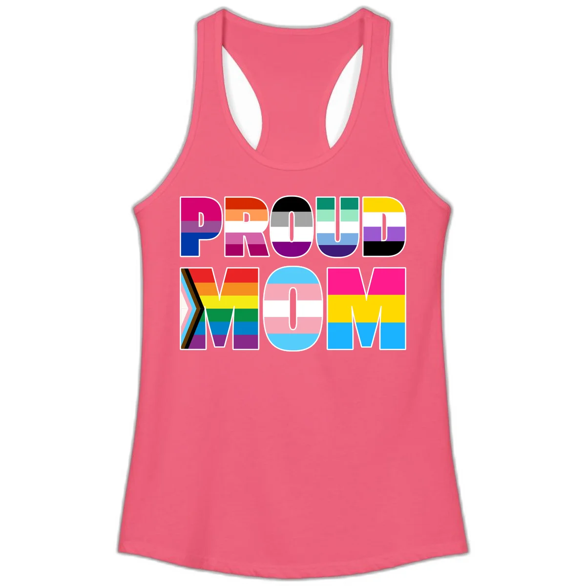 Colorful 'PROUD' letters filled with various pride flags including rainbow, trans, progress pride, and intersex symbols on gray background in Hot Pink