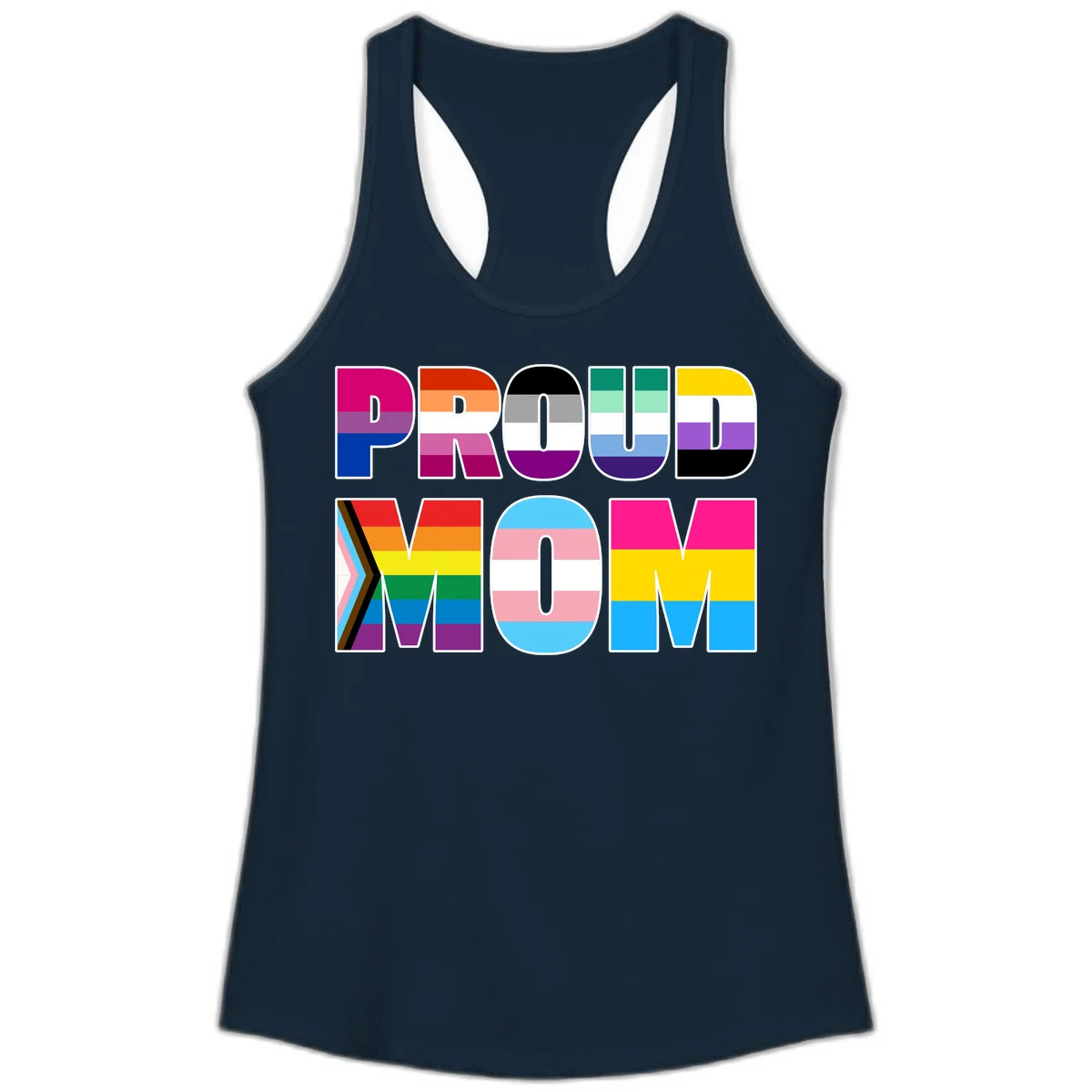 Colorful 'PROUD' letters filled with various pride flags including rainbow, trans, progress pride, and intersex symbols on gray background in Solid Midnight Navy