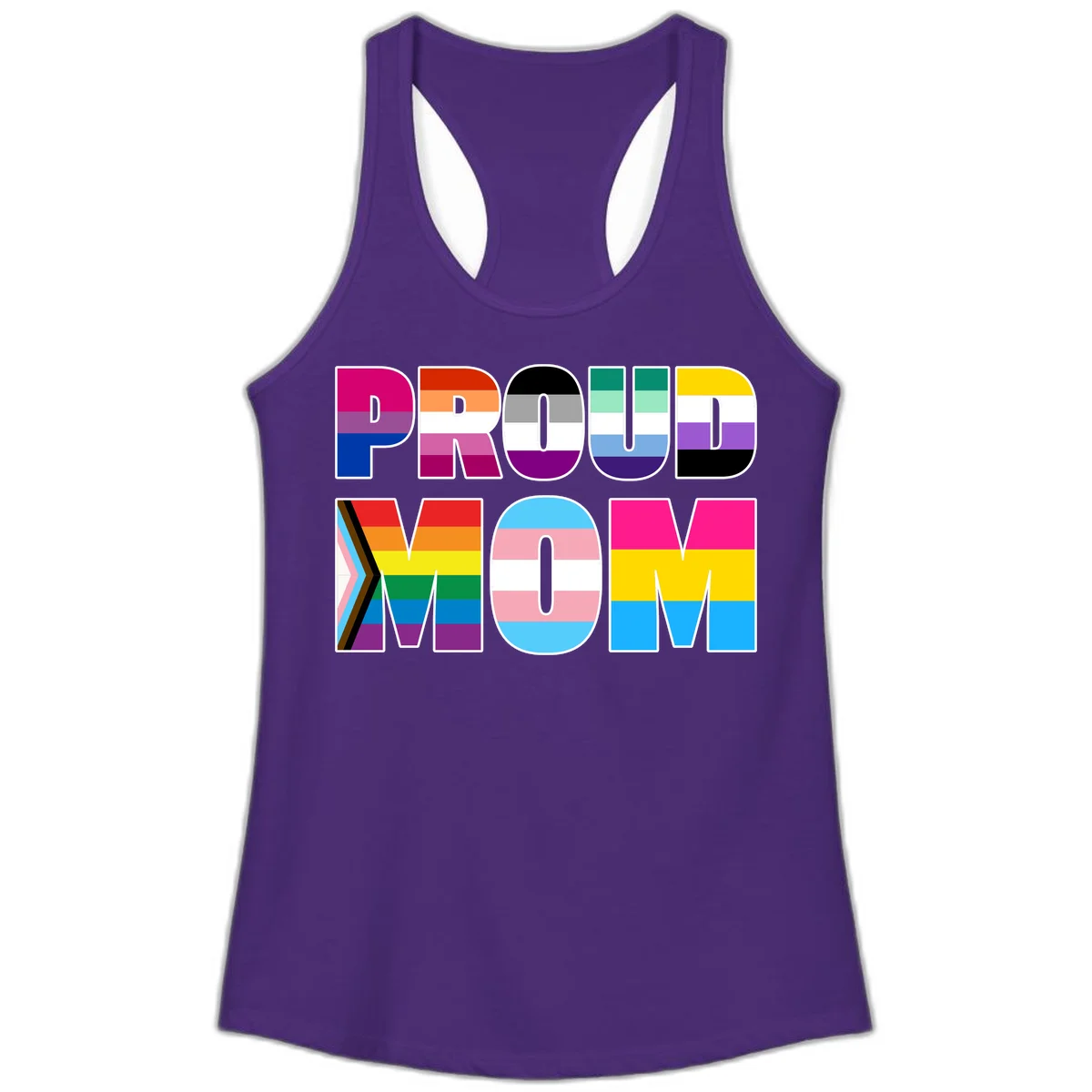 Colorful 'PROUD' letters filled with various pride flags including rainbow, trans, progress pride, and intersex symbols on gray background in Solid Purple Rush