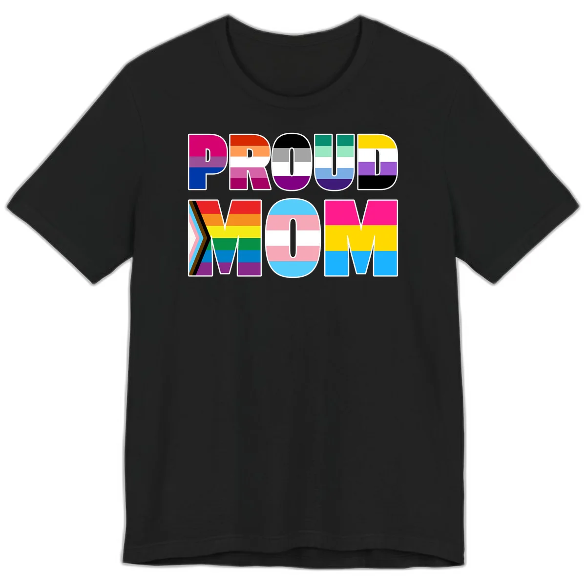Colorful 'PROUD' letters filled with various pride flags including rainbow, trans, progress pride, and intersex symbols on gray background in Black