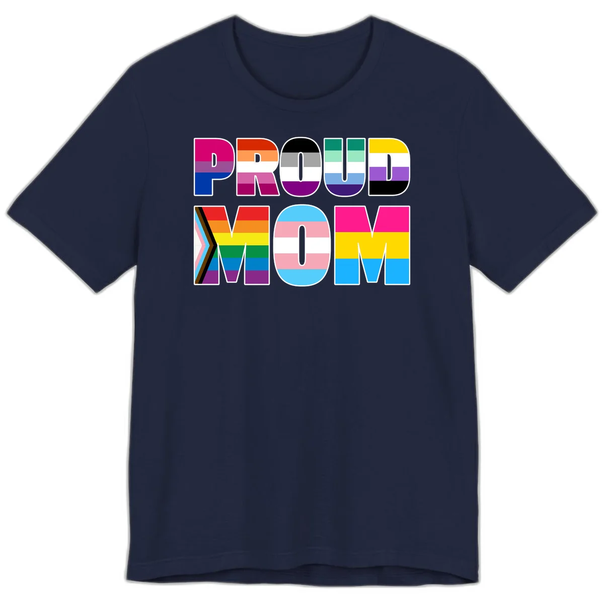 Colorful 'PROUD' letters filled with various pride flags including rainbow, trans, progress pride, and intersex symbols on gray background in Navy