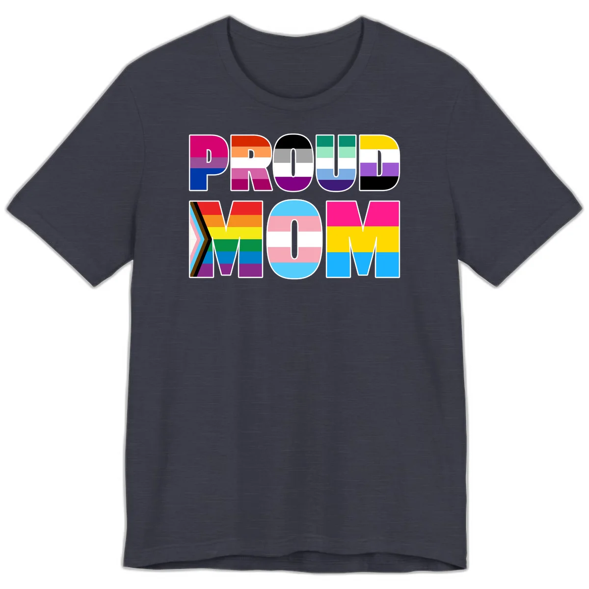 Colorful 'PROUD' letters filled with various pride flags including rainbow, trans, progress pride, and intersex symbols on gray background in Heather Midnight Navy