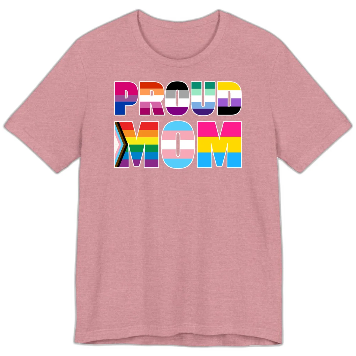 Colorful 'PROUD' letters filled with various pride flags including rainbow, trans, progress pride, and intersex symbols on gray background in Heather Orchid