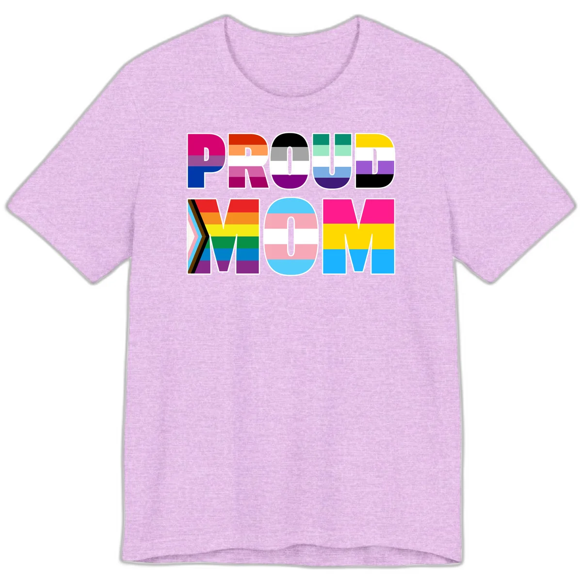 Colorful 'PROUD' letters filled with various pride flags including rainbow, trans, progress pride, and intersex symbols on gray background in Heather Prism Lilac