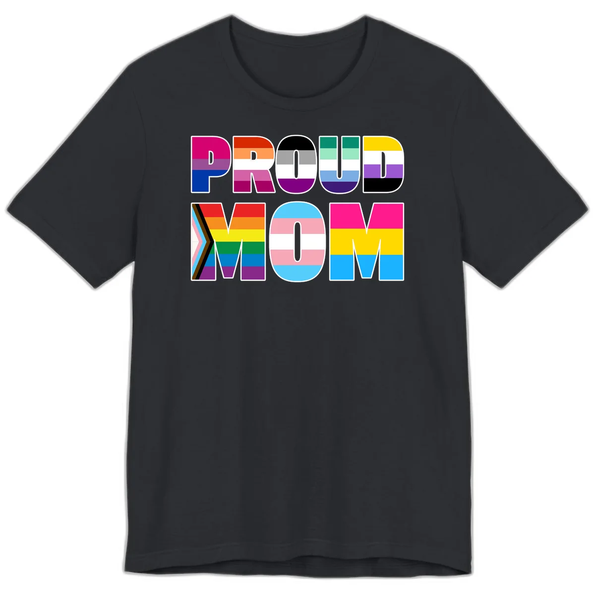 Colorful 'PROUD' letters filled with various pride flags including rainbow, trans, progress pride, and intersex symbols on gray background in Vintage Black