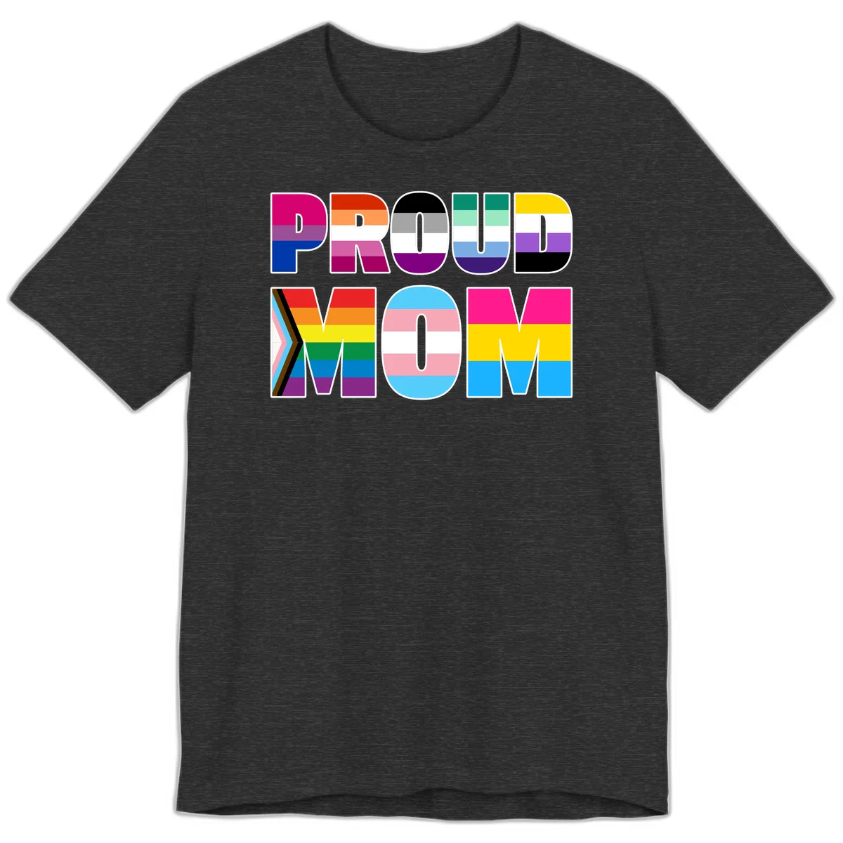 Colorful 'PROUD' letters filled with various pride flags including rainbow, trans, progress pride, and intersex symbols on gray background in Dark Grey Heather