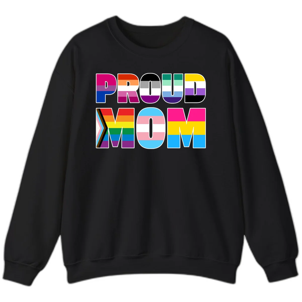 Colorful 'PROUD' letters filled with various pride flags including rainbow, trans, progress pride, and intersex symbols on gray background in Black