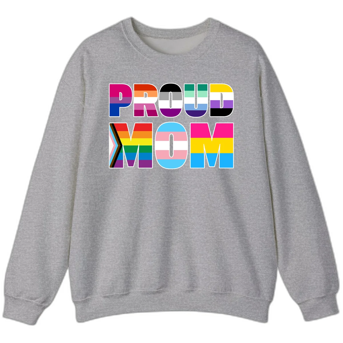 Colorful 'PROUD' letters filled with various pride flags including rainbow, trans, progress pride, and intersex symbols on gray background in Sport Grey