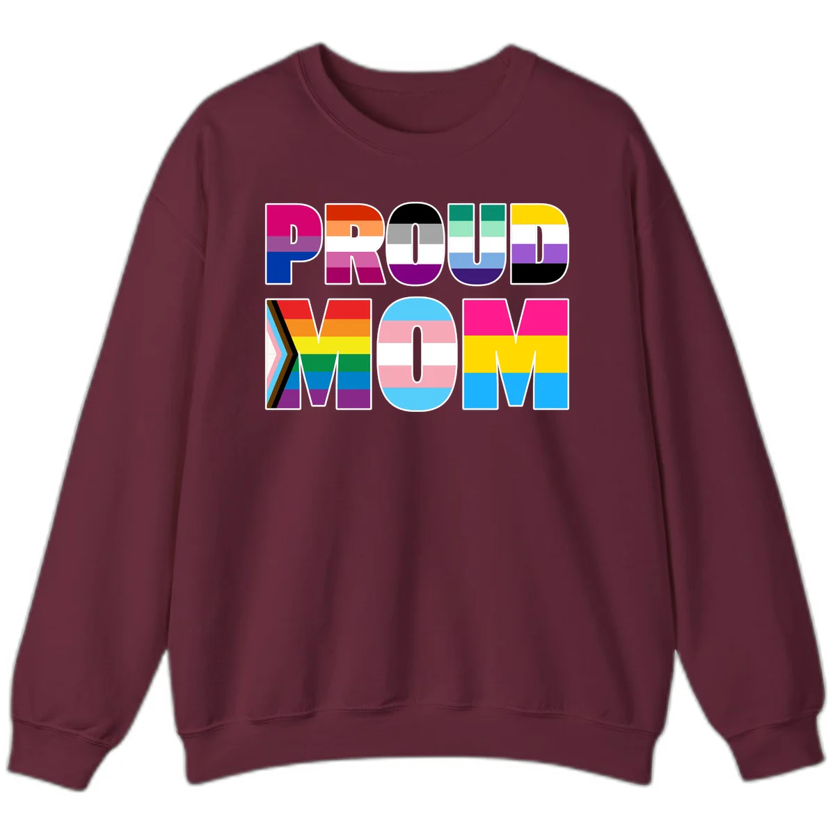 Colorful 'PROUD' letters filled with various pride flags including rainbow, trans, progress pride, and intersex symbols on gray background in Maroon