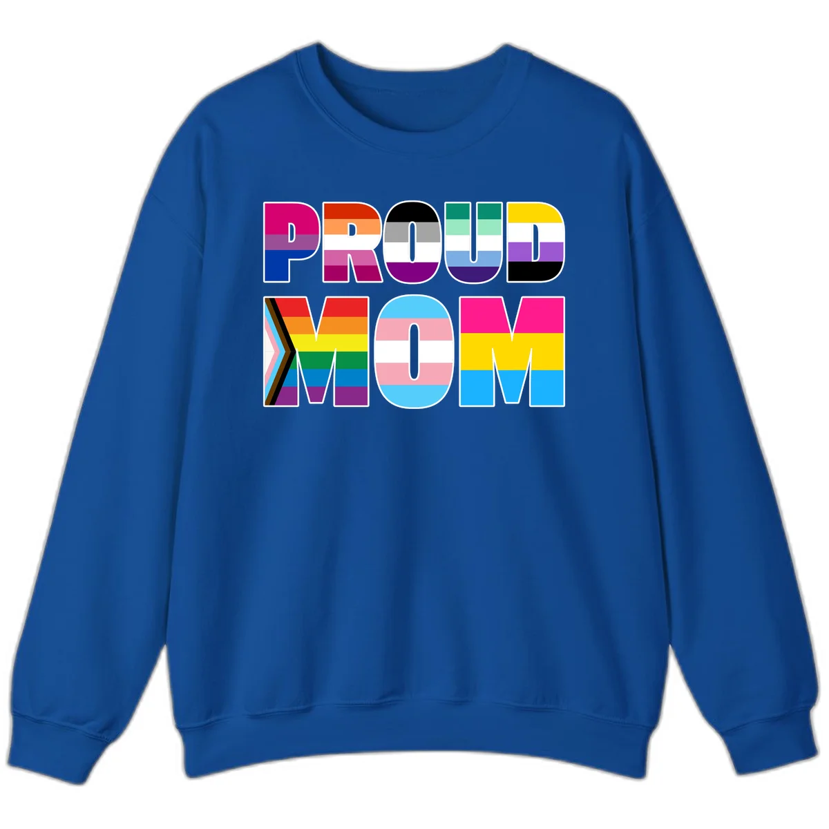 Colorful 'PROUD' letters filled with various pride flags including rainbow, trans, progress pride, and intersex symbols on gray background in Royal