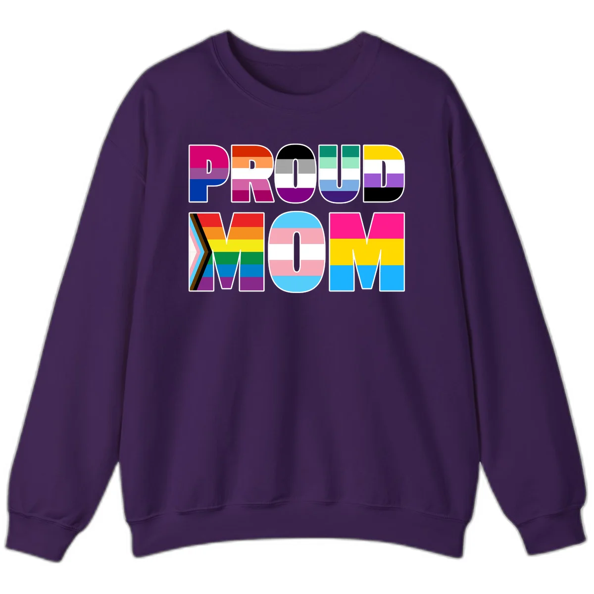 Colorful 'PROUD' letters filled with various pride flags including rainbow, trans, progress pride, and intersex symbols on gray background in Purple
