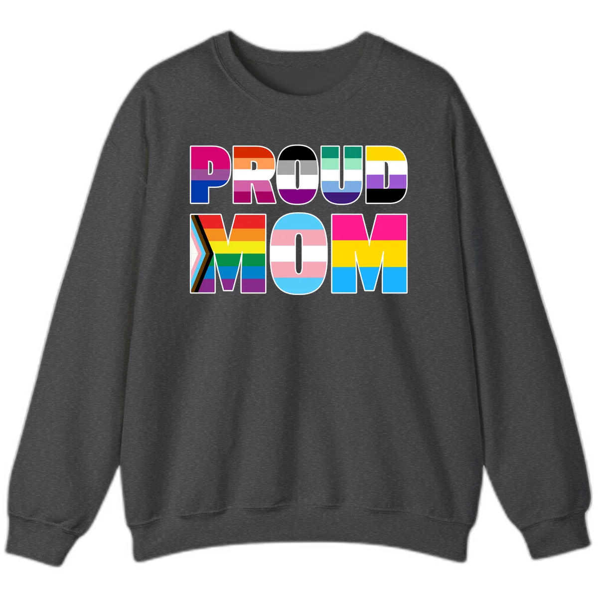 Colorful 'PROUD' letters filled with various pride flags including rainbow, trans, progress pride, and intersex symbols on gray background in Dark Heather