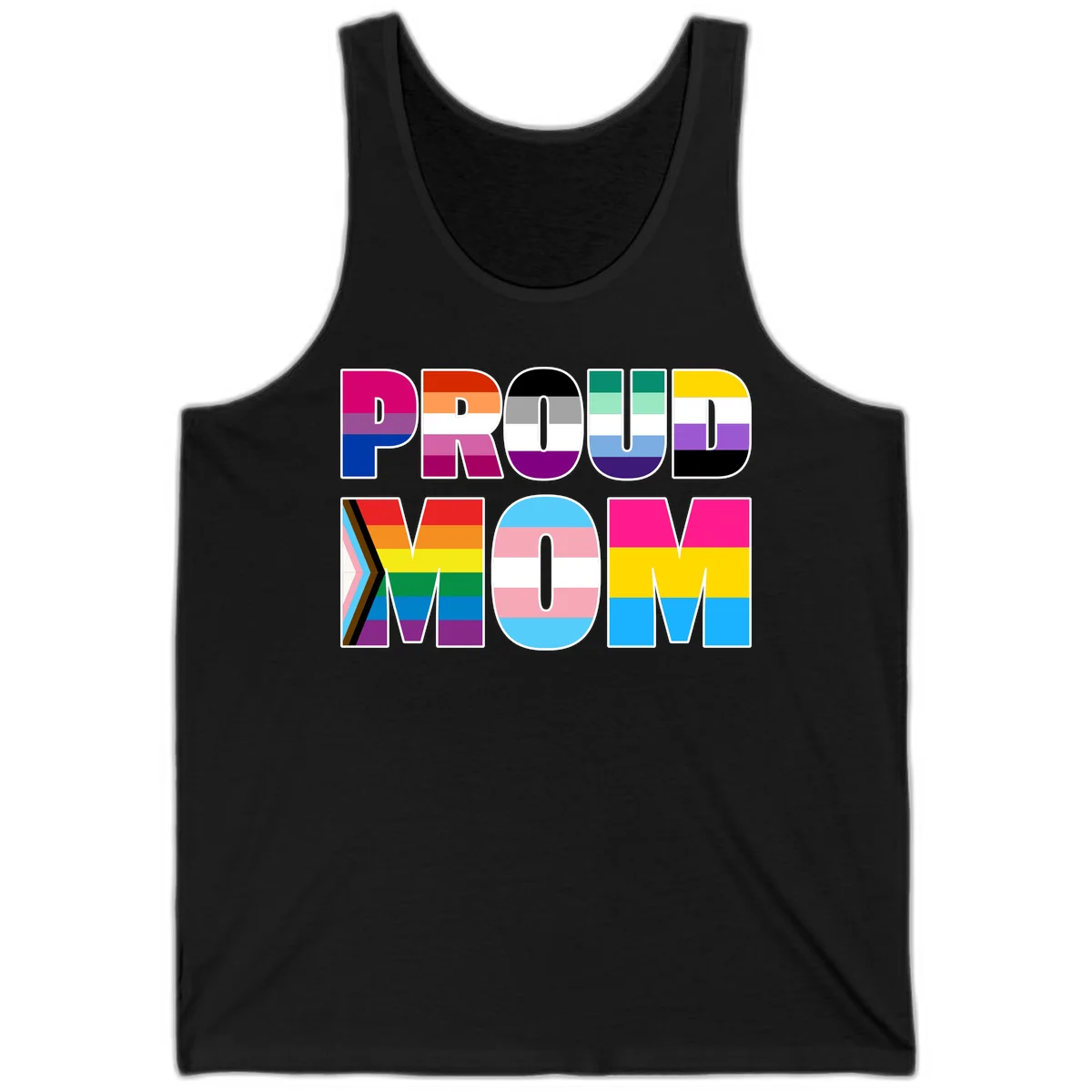 Colorful 'PROUD' letters filled with various pride flags including rainbow, trans, progress pride, and intersex symbols on gray background in Black