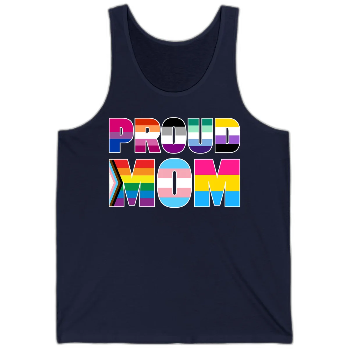 Colorful 'PROUD' letters filled with various pride flags including rainbow, trans, progress pride, and intersex symbols on gray background in Navy