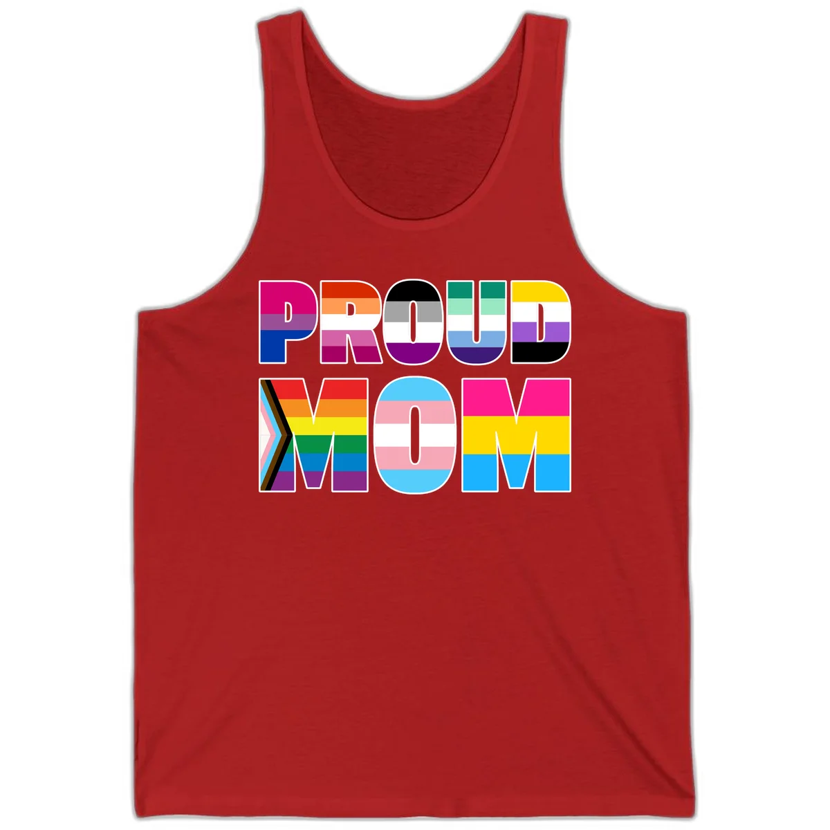 Colorful 'PROUD' letters filled with various pride flags including rainbow, trans, progress pride, and intersex symbols on gray background in Red