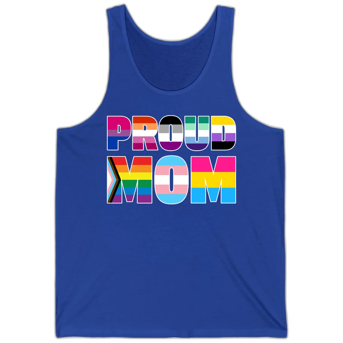 Colorful 'PROUD' letters filled with various pride flags including rainbow, trans, progress pride, and intersex symbols on gray background in True Royal