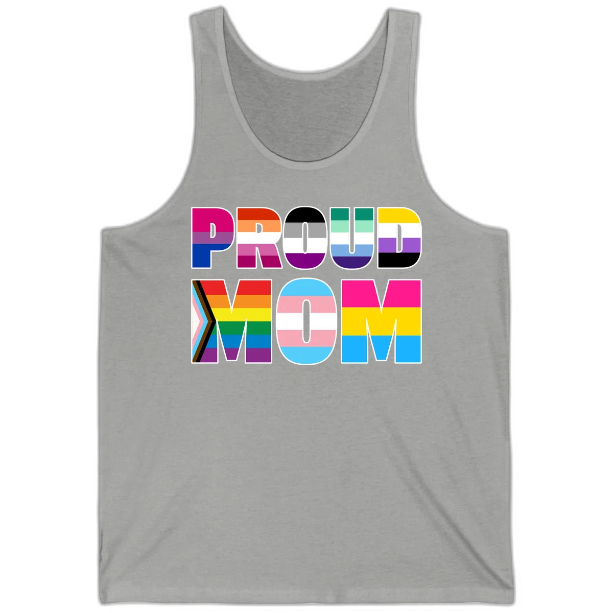 Colorful 'PROUD' letters filled with various pride flags including rainbow, trans, progress pride, and intersex symbols on gray background in Athletic Heather