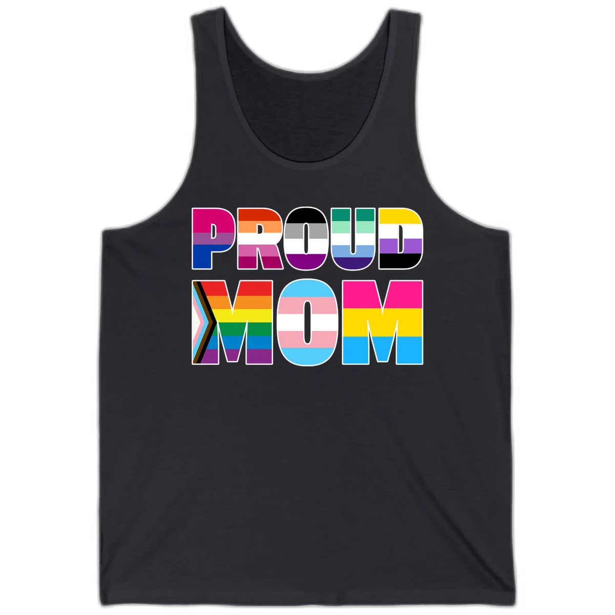 Colorful 'PROUD' letters filled with various pride flags including rainbow, trans, progress pride, and intersex symbols on gray background in Dark Grey