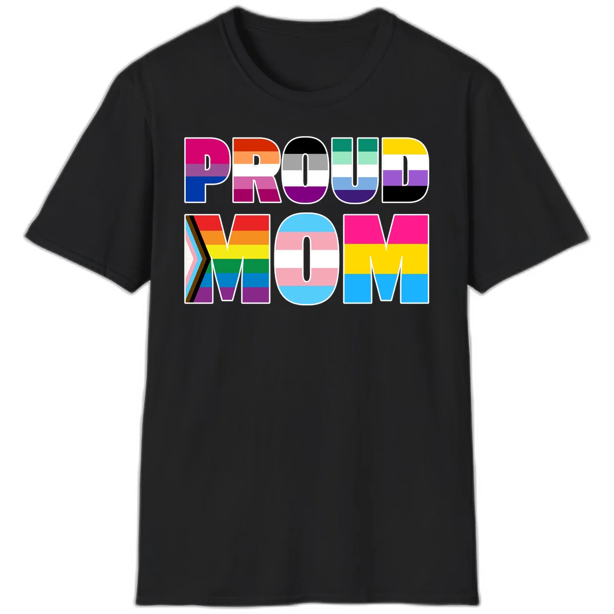 Colorful 'PROUD' letters filled with various pride flags including rainbow, trans, progress pride, and intersex symbols on gray background in Black