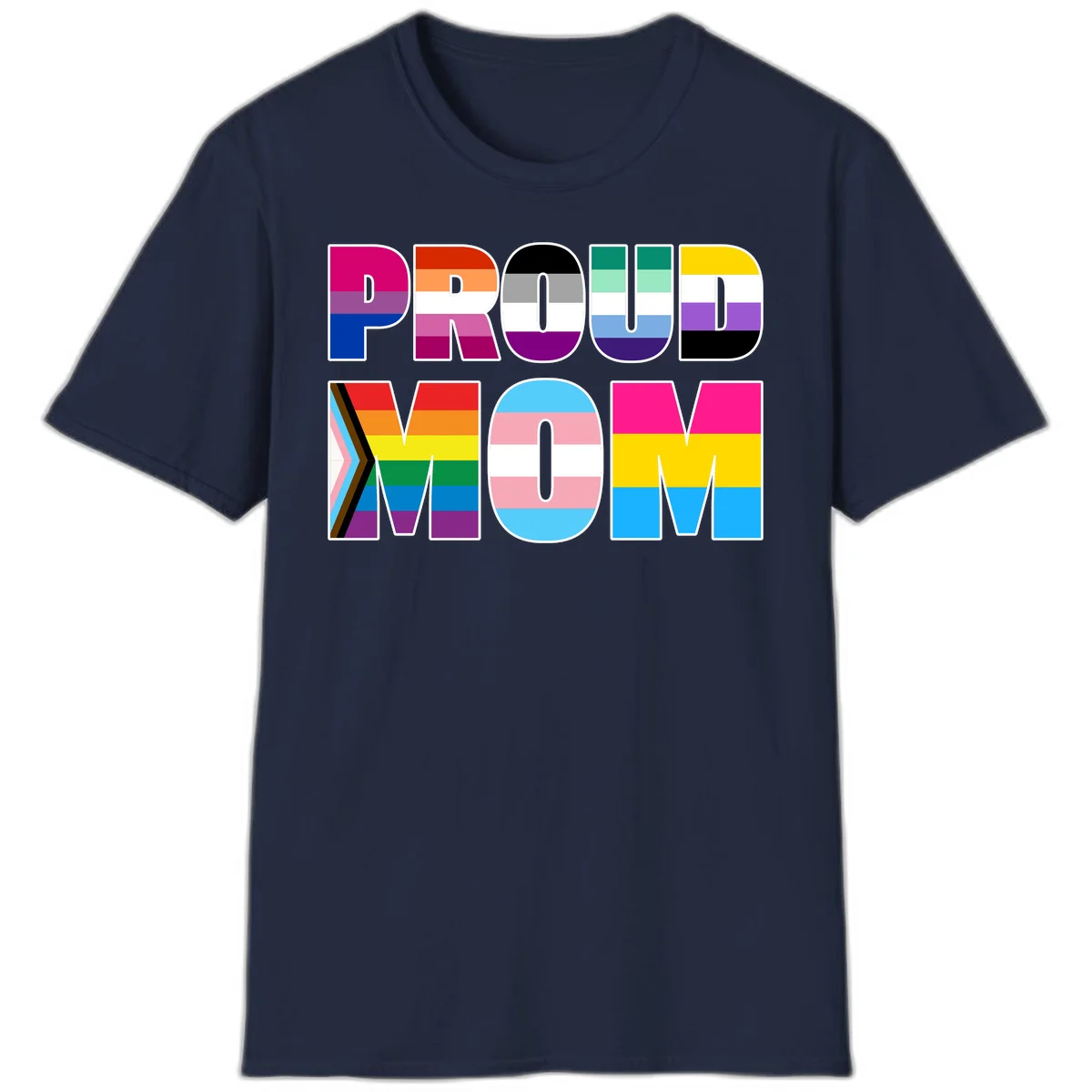 Colorful 'PROUD' letters filled with various pride flags including rainbow, trans, progress pride, and intersex symbols on gray background in Navy
