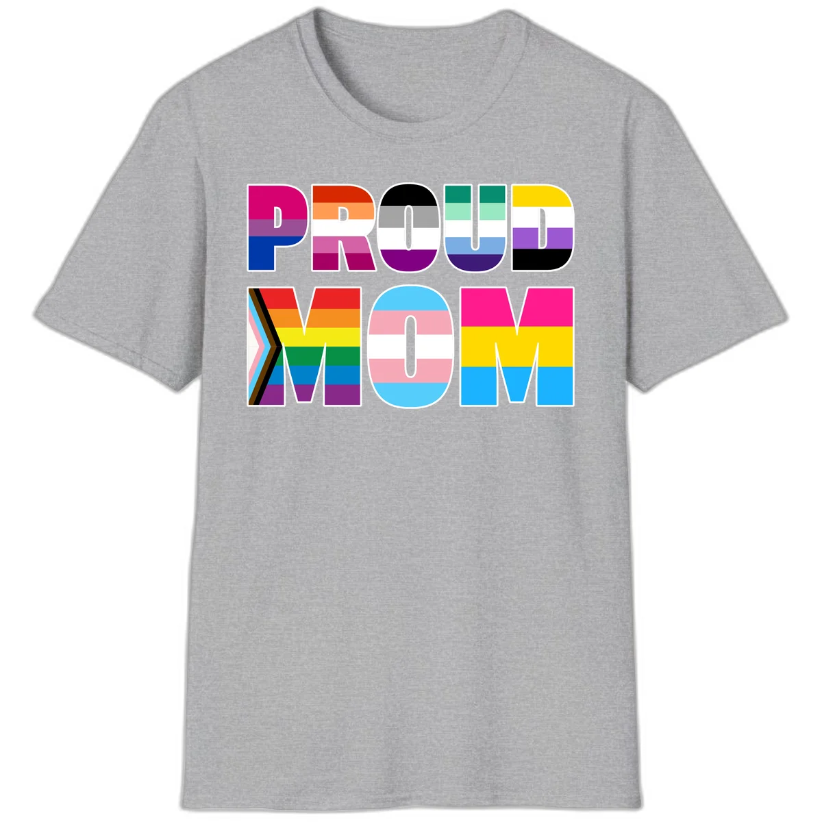 Colorful 'PROUD' letters filled with various pride flags including rainbow, trans, progress pride, and intersex symbols on gray background in Sport Grey