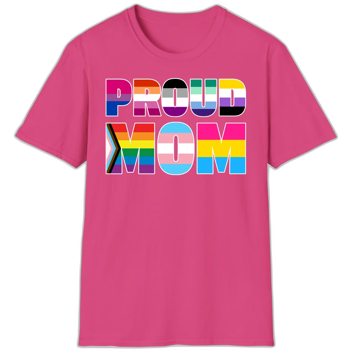 Colorful 'PROUD' letters filled with various pride flags including rainbow, trans, progress pride, and intersex symbols on gray background in Heliconia