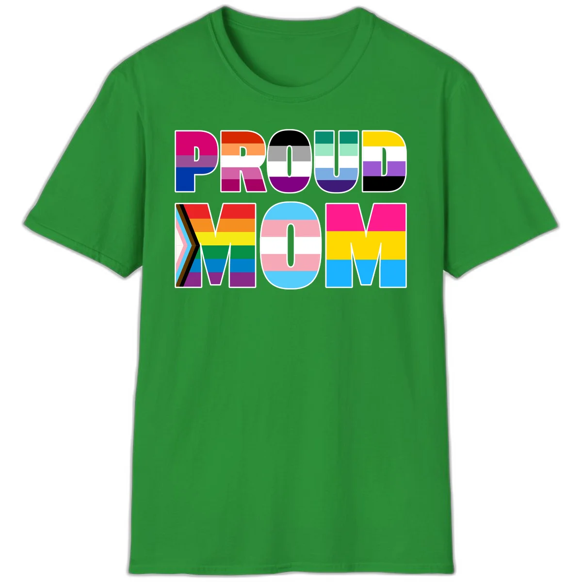 Colorful 'PROUD' letters filled with various pride flags including rainbow, trans, progress pride, and intersex symbols on gray background in Irish Green