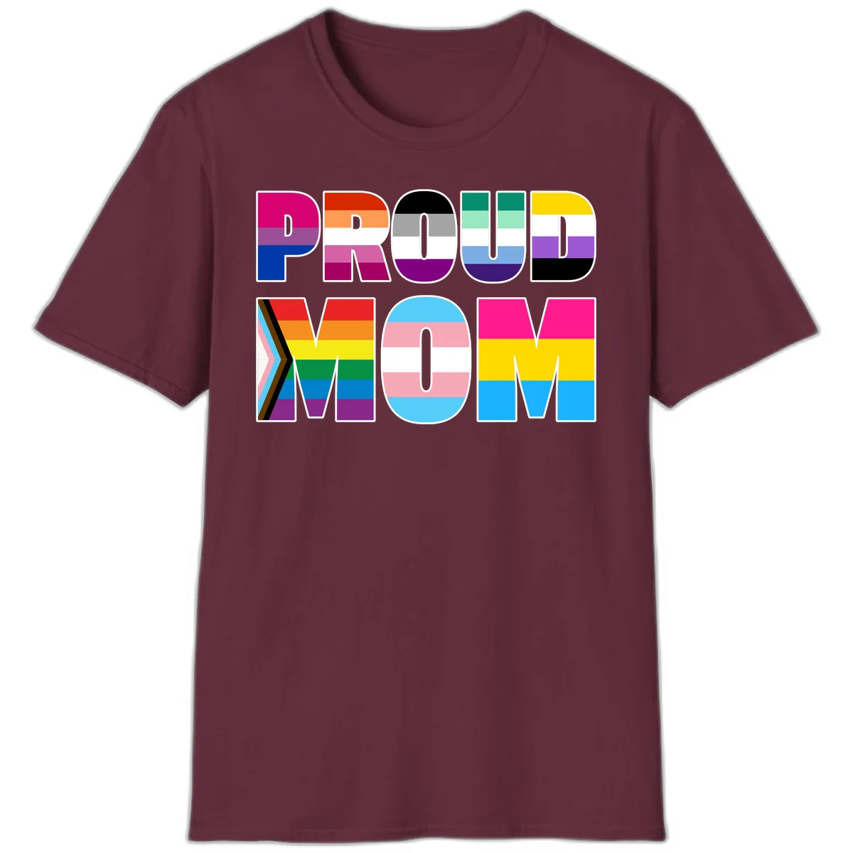 Colorful 'PROUD' letters filled with various pride flags including rainbow, trans, progress pride, and intersex symbols on gray background in Maroon