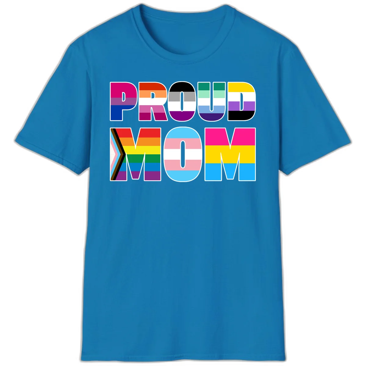 Colorful 'PROUD' letters filled with various pride flags including rainbow, trans, progress pride, and intersex symbols on gray background in Sapphire