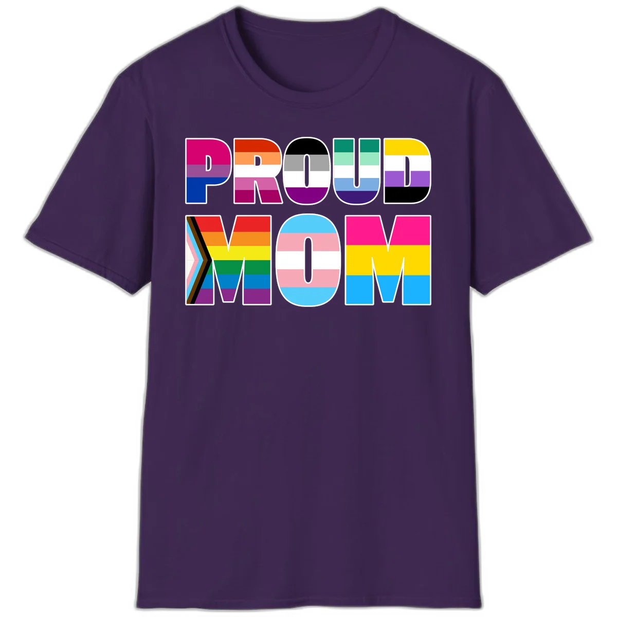 Colorful 'PROUD' letters filled with various pride flags including rainbow, trans, progress pride, and intersex symbols on gray background in Purple