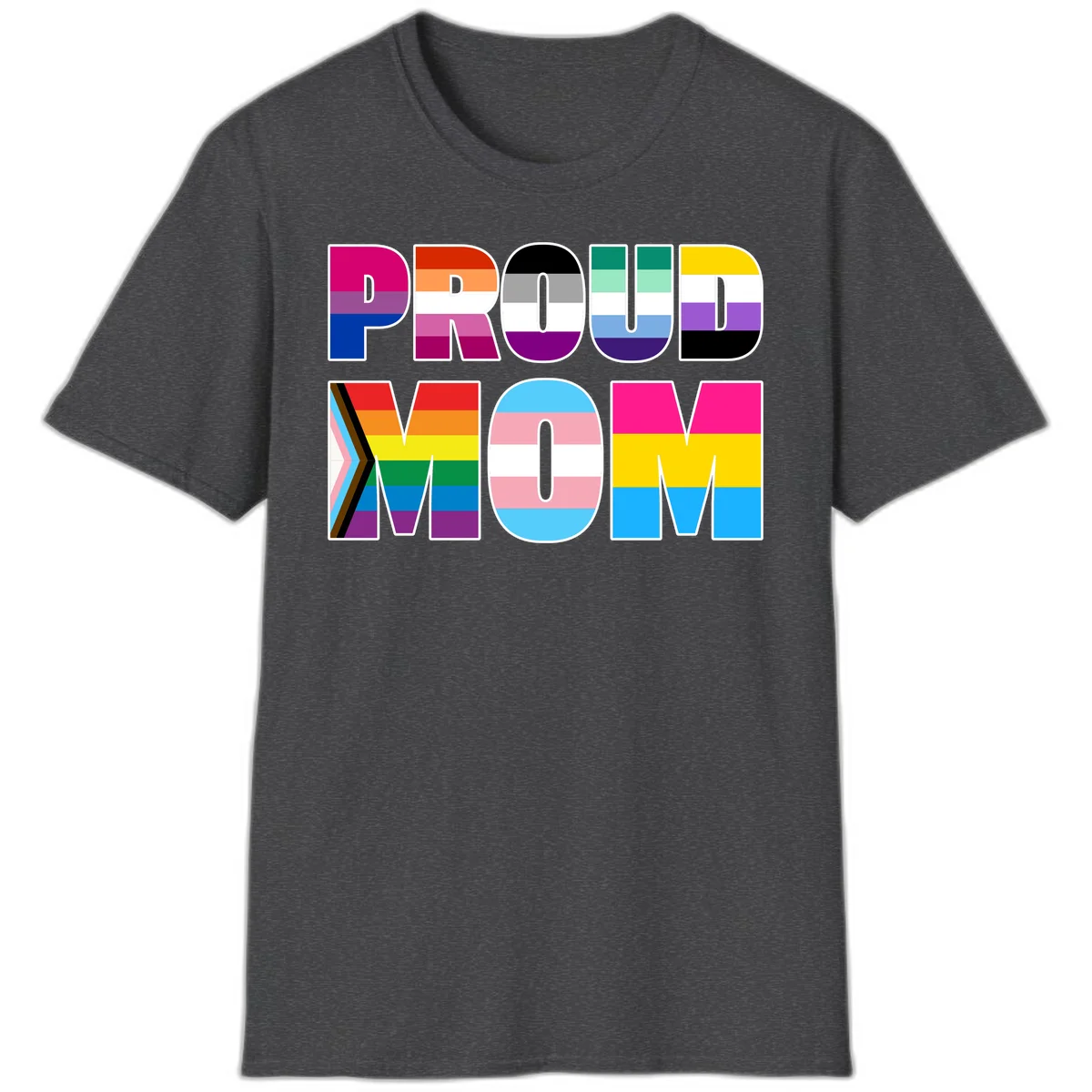Colorful 'PROUD' letters filled with various pride flags including rainbow, trans, progress pride, and intersex symbols on gray background in Dark Heather