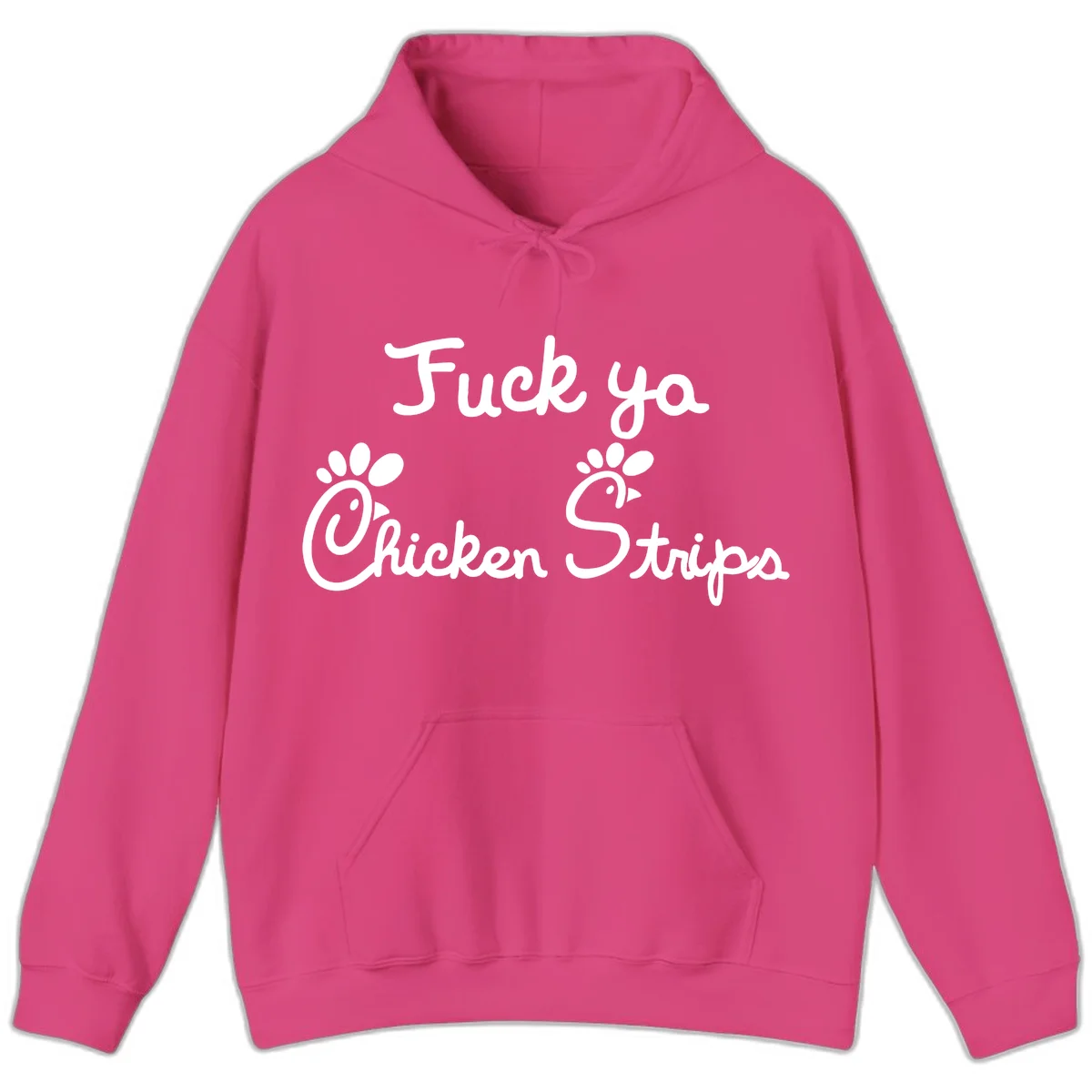 White text reading "Fuck ya Chicken Strips" with rooster head illustrations featuring paw prints on gray background in Heliconia