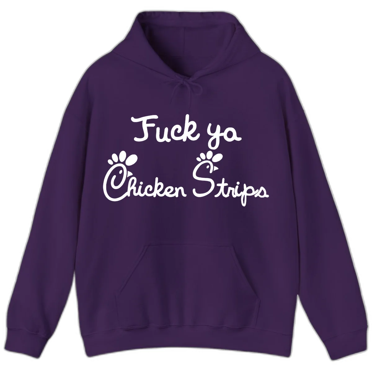 White text reading "Fuck ya Chicken Strips" with rooster head illustrations featuring paw prints on gray background in Purple