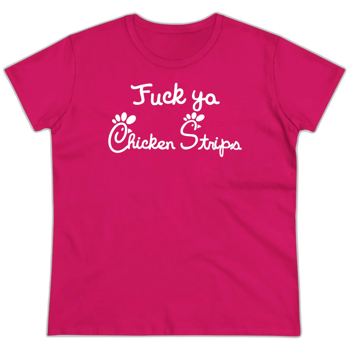 White text reading "Fuck ya Chicken Strips" with rooster head illustrations featuring paw prints on gray background in Heliconia