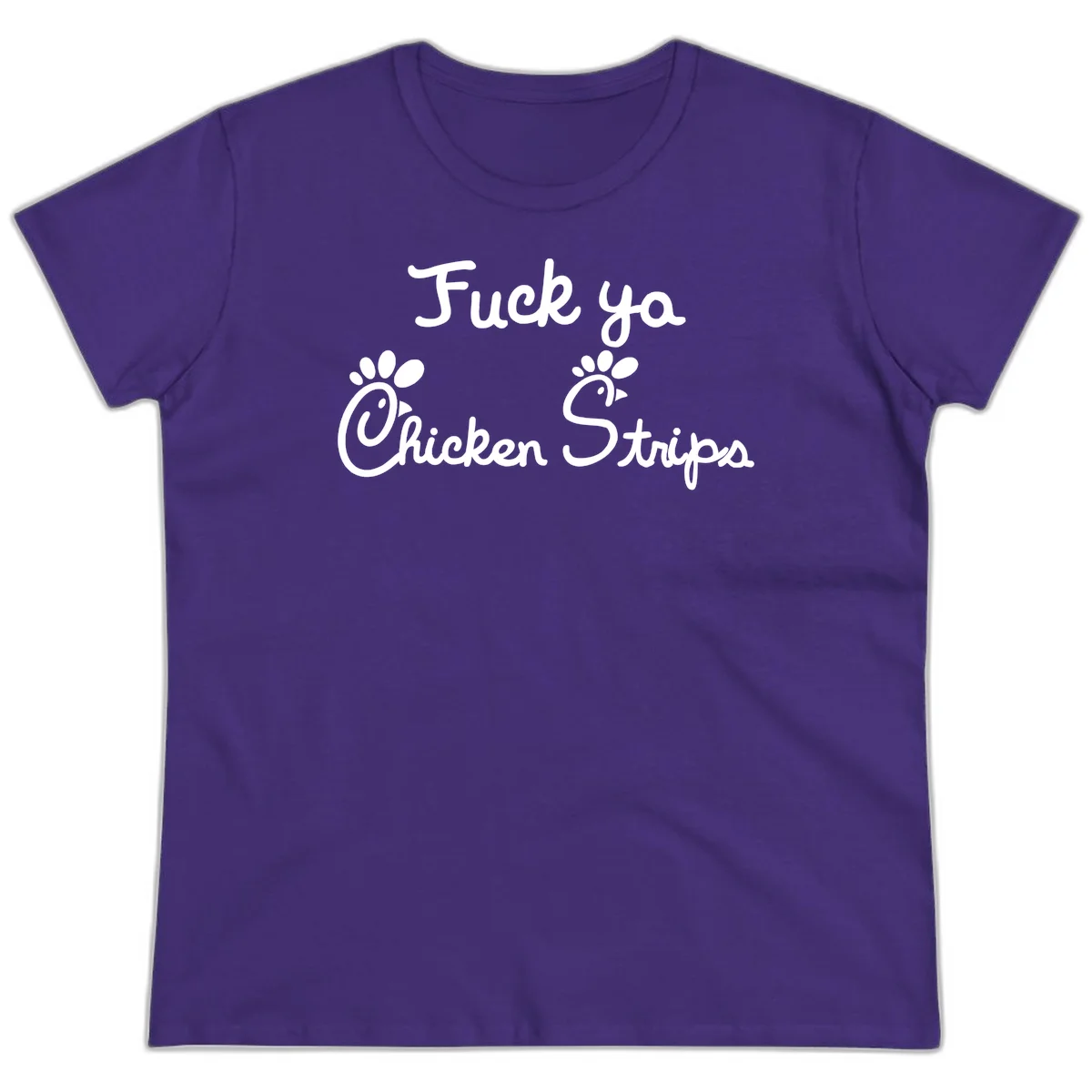White text reading "Fuck ya Chicken Strips" with rooster head illustrations featuring paw prints on gray background in Purple