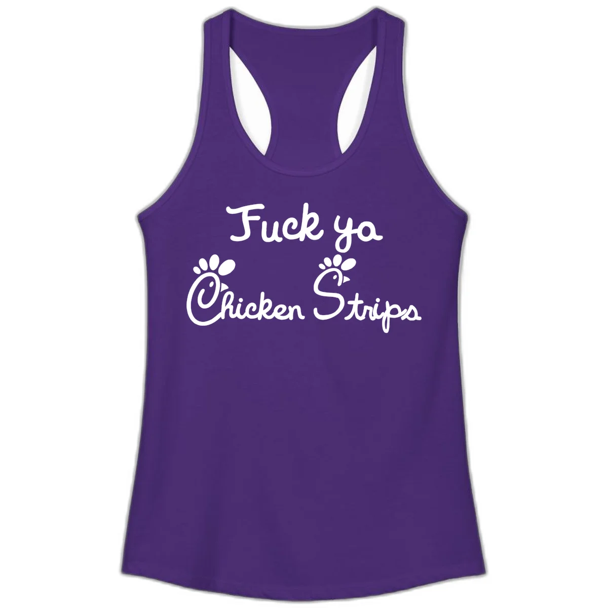 White text reading "Fuck ya Chicken Strips" with rooster head illustrations featuring paw prints on gray background in Solid Purple Rush