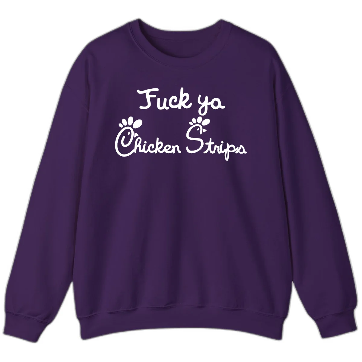White text reading "Fuck ya Chicken Strips" with rooster head illustrations featuring paw prints on gray background in Purple