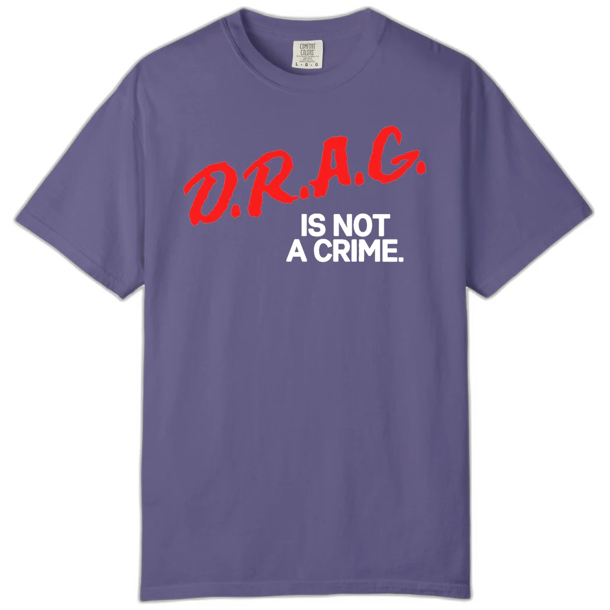 Red hand-drawn lettering spelling 'D.R.A.G.' with white text reading 'IS NOT A CRIME' on gray background in Grape