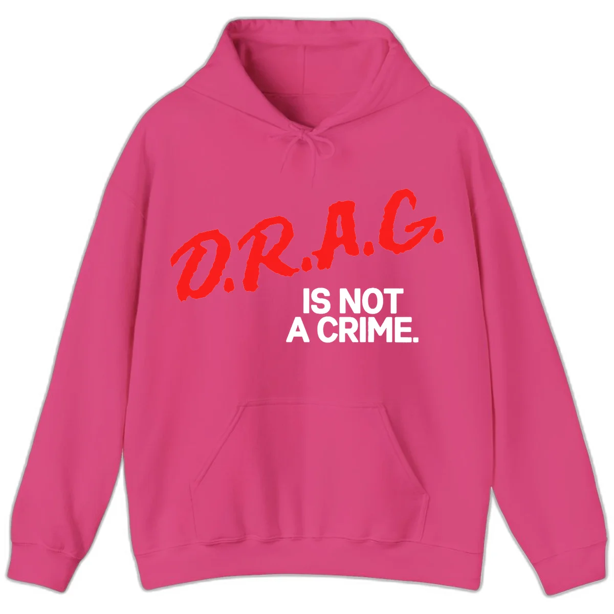 Red hand-drawn lettering spelling 'D.R.A.G.' with white text reading 'IS NOT A CRIME' on gray background in Heliconia