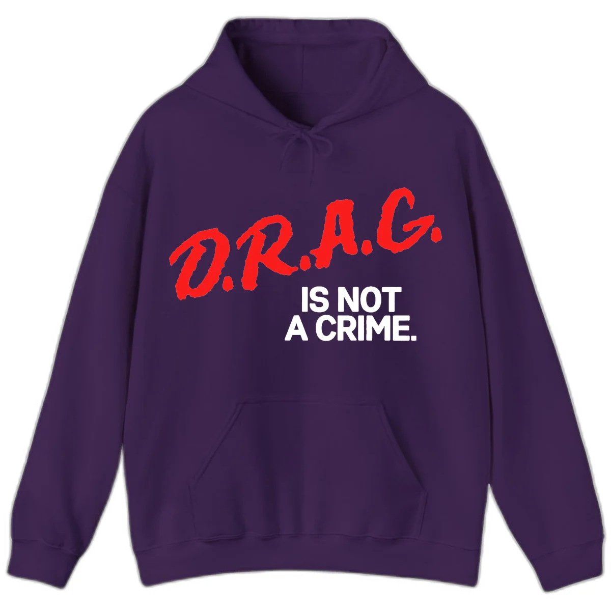 Red hand-drawn lettering spelling 'D.R.A.G.' with white text reading 'IS NOT A CRIME' on gray background in Purple