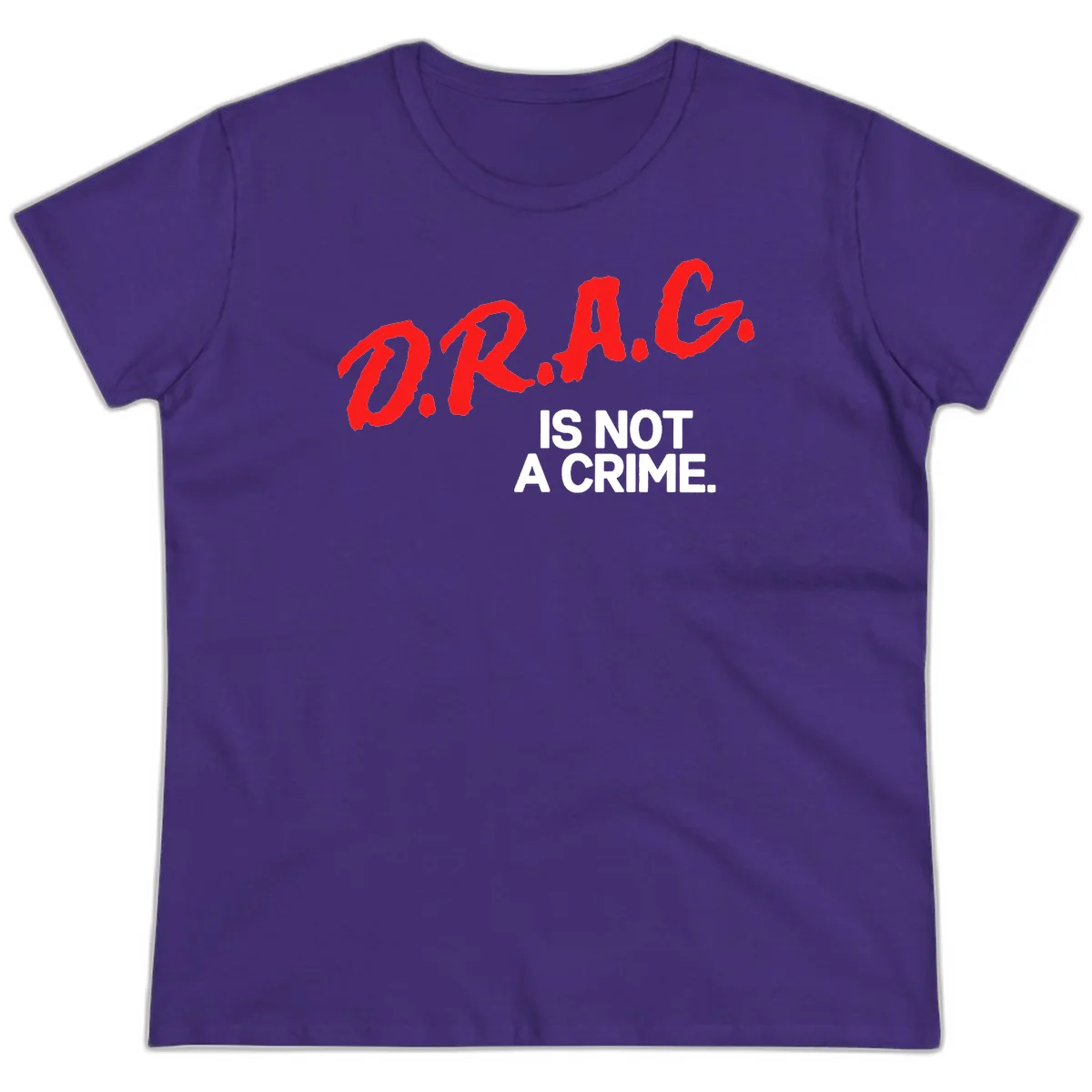 Red hand-drawn lettering spelling 'D.R.A.G.' with white text reading 'IS NOT A CRIME' on gray background in Purple