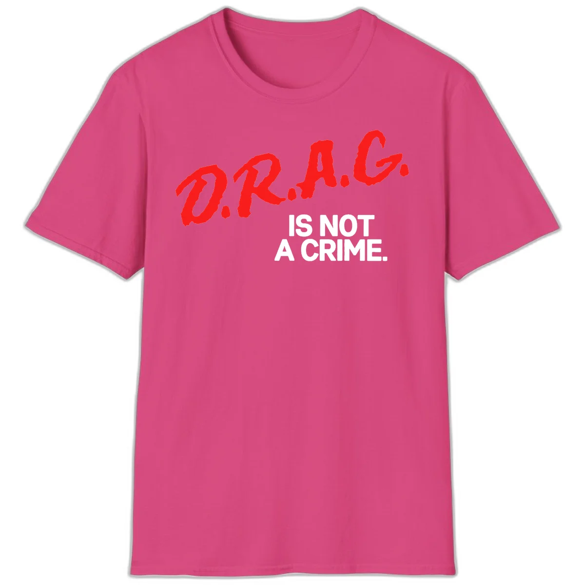 Red hand-drawn lettering spelling 'D.R.A.G.' with white text reading 'IS NOT A CRIME' on gray background in Heliconia