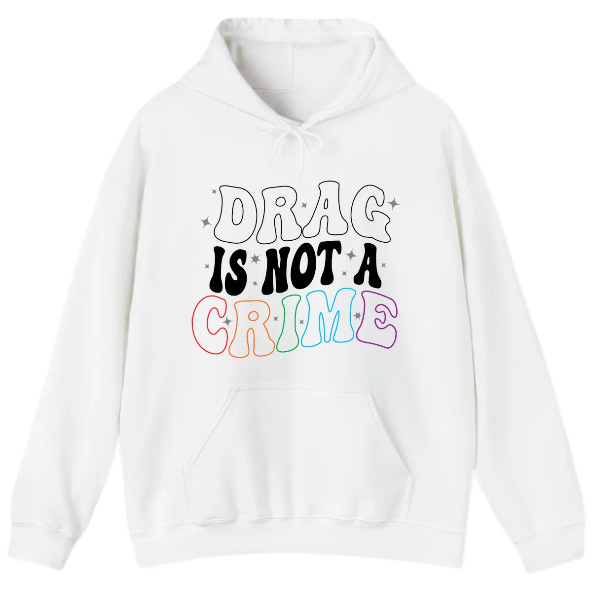 Drag is not a crime design with white and rainbow-colored outlined text on gray background in White