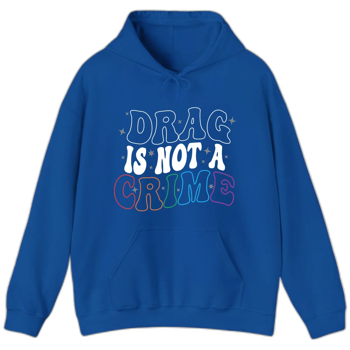 Drag is not a crime design with white and rainbow-colored outlined text on gray background in Royal
