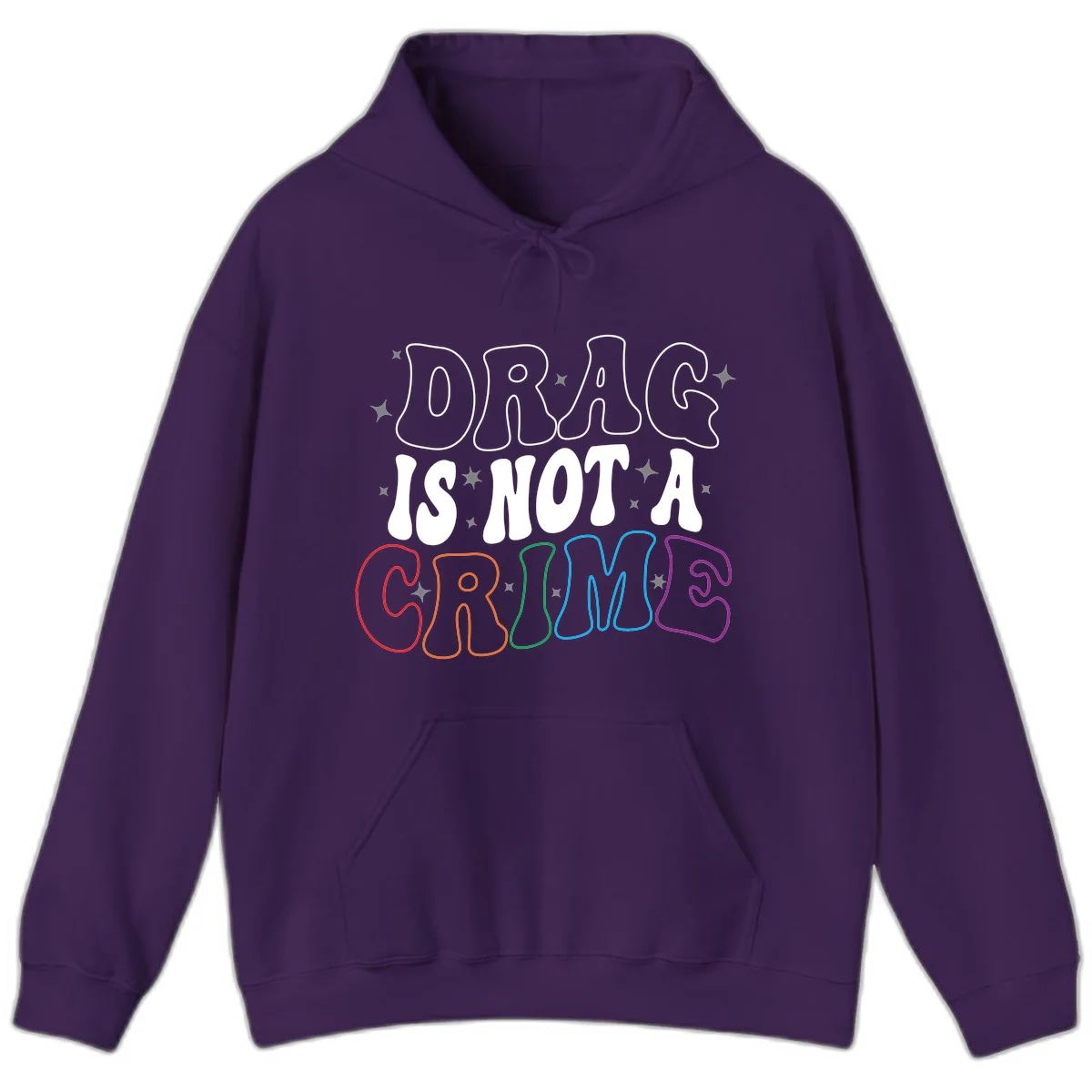 Drag is not a crime design with white and rainbow-colored outlined text on gray background in Purple