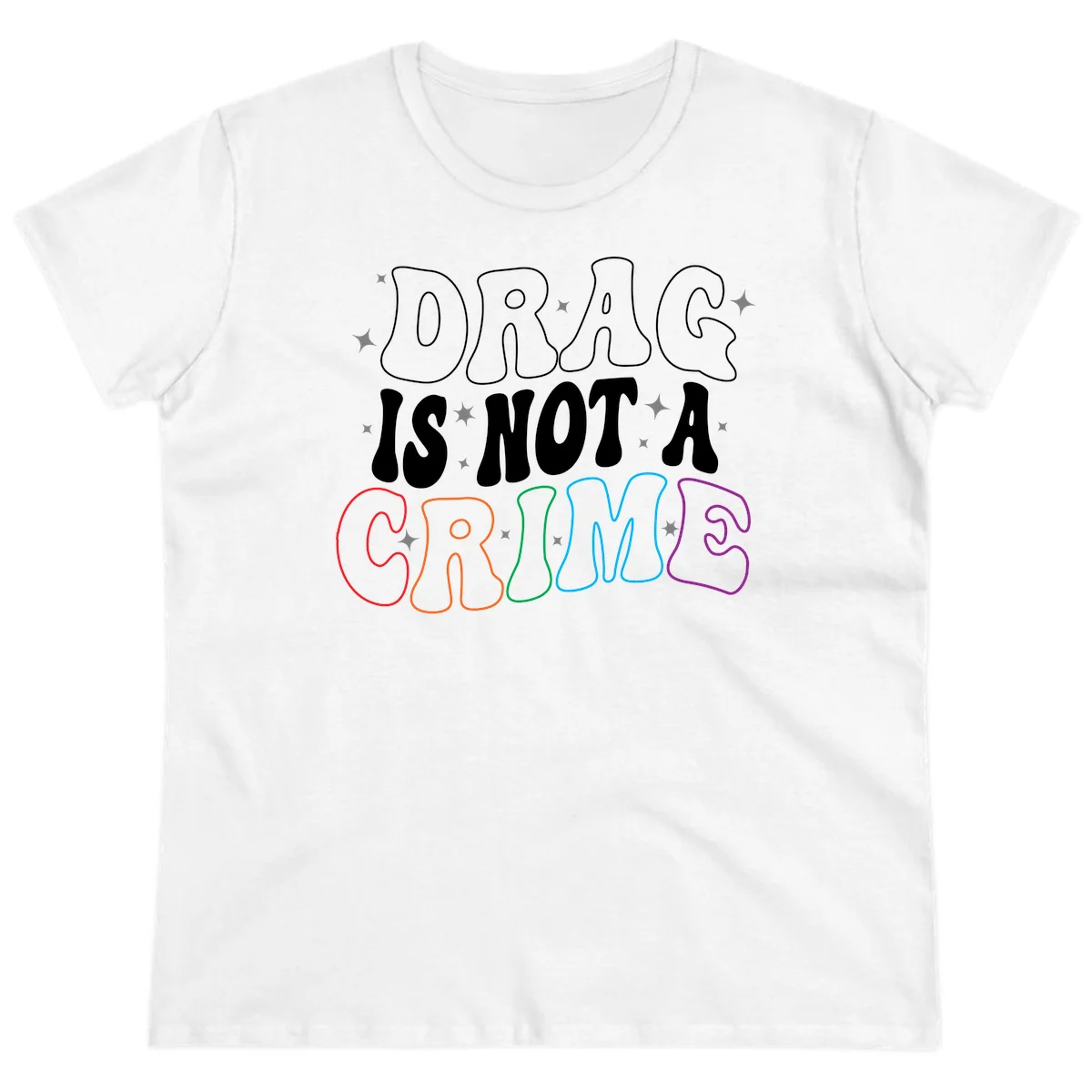 Drag is not a crime design with white and rainbow-colored outlined text on gray background in White