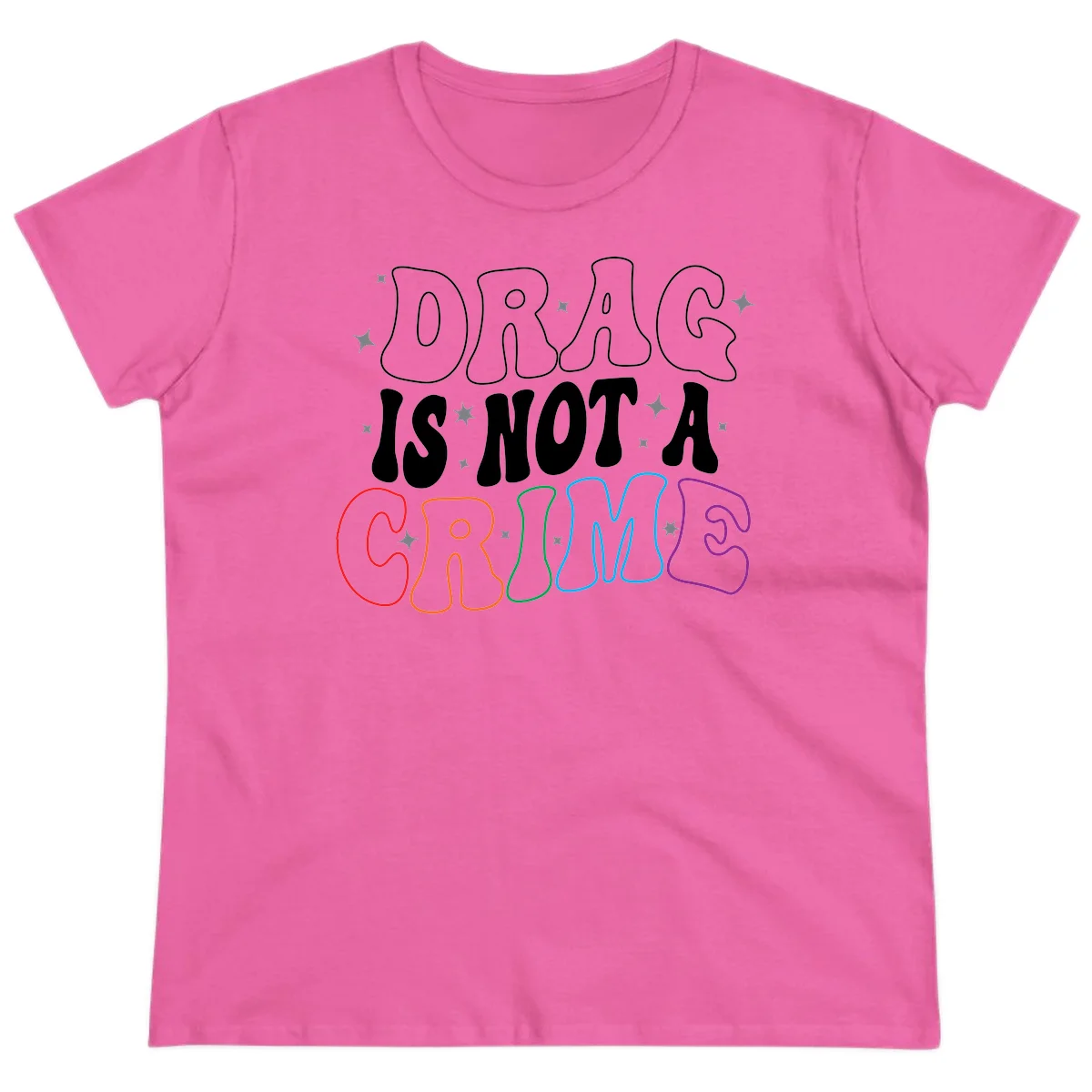 Drag is not a crime design with white and rainbow-colored outlined text on gray background in Azalea