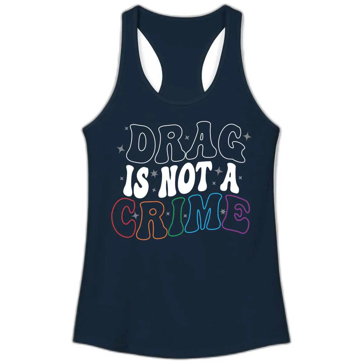 Drag is not a crime design with white and rainbow-colored outlined text on gray background in Solid Midnight Navy